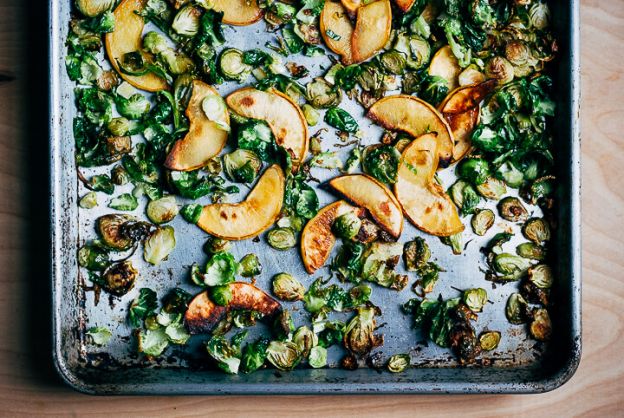 maple roasted quince and brussels sprout salad