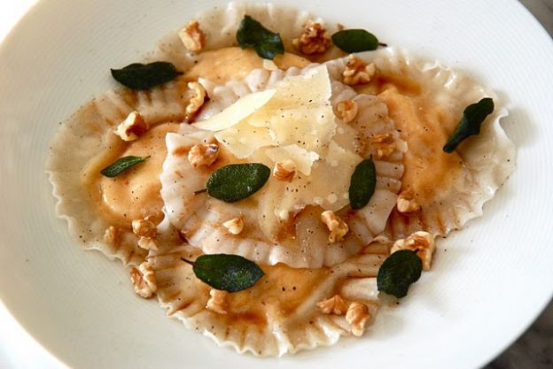 Butternut squash and mascarpone ravioli with brown butter crispy sage leaves and shaved parmesan