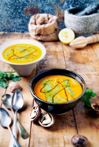 Roasted Carrot Soup With Parsley & Walnut Pesto