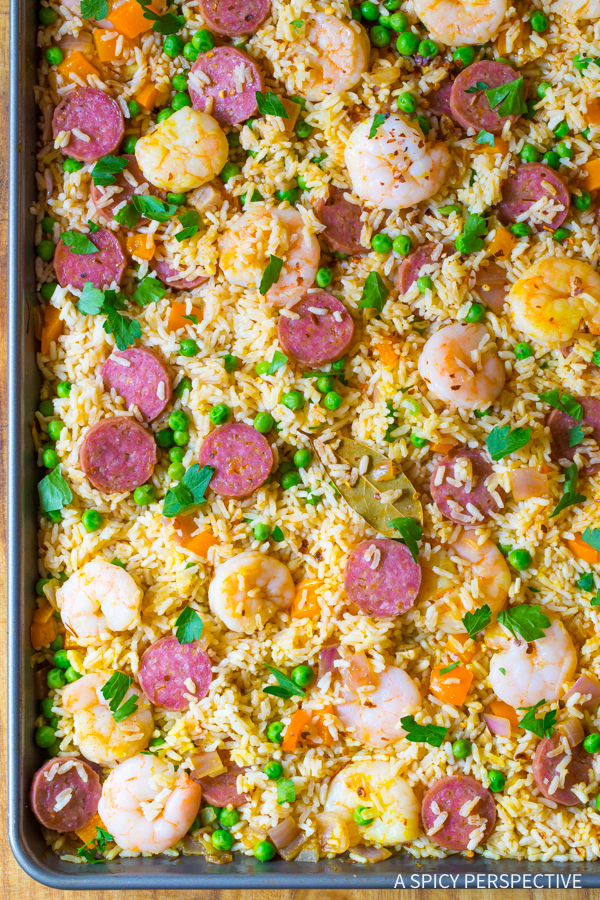 Spanish Paella Sheet Pan Dinner © A Spicy Perspective