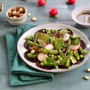 Balsamic-Caramelized Beet Carpaccio with Asparagus, Radishes, Peas, Roasted Hazelnuts & Baby Lettuce 