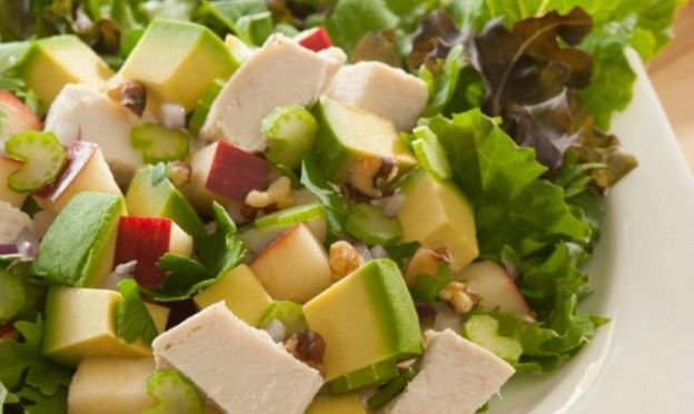 Chicken avocado salad with apples and walnuts
