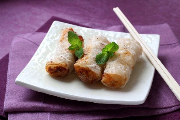 Homemade mini chicken and shrimp spring rolls