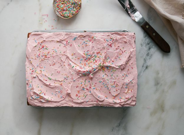 Strawberry Sheet Cake with Rhubarb Meringue Frosting