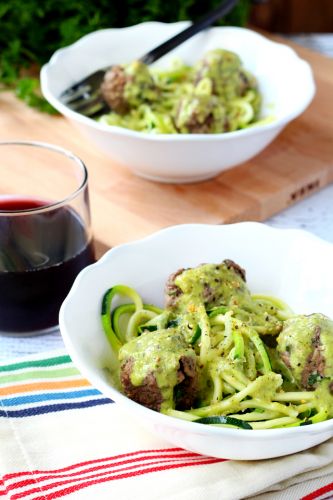 Bison Meatballs with Zoodles and Chimichurri Sauce
