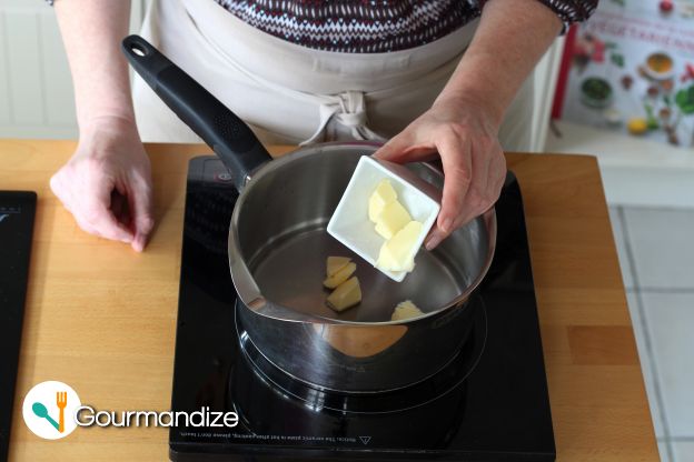 In a saucepan, pour in the water, salt, butter and bring to the boil