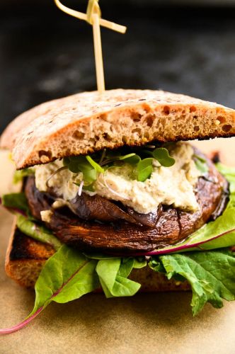 Juicy Portobello Burgers with Vegan Blue Cheese and Caramelized Onions