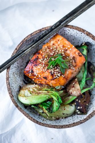 Sheet-pan teriyaki salmon and baby bok choy