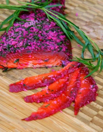 Beet Cured Salmon with Dill, Tarragon and Fresh Horseradish