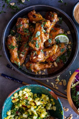 Thai Peanut Chicken Wings with Fiery Pineapple-Jalapeno Salsa