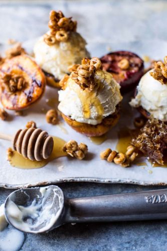 Cinnamon Grilled Peaches with Mascarpone Ice Cream and Honey Nut Cheerio Granola