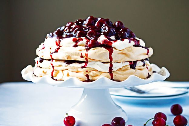 Pavlova with red wine cherry compote & mascarpone whipped cream