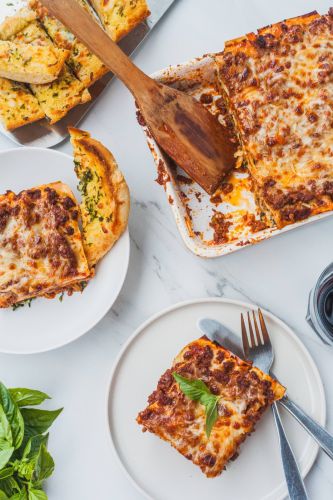 3 Cheese Loaded Lasagna with Herb and Garlic Cheesy Bread