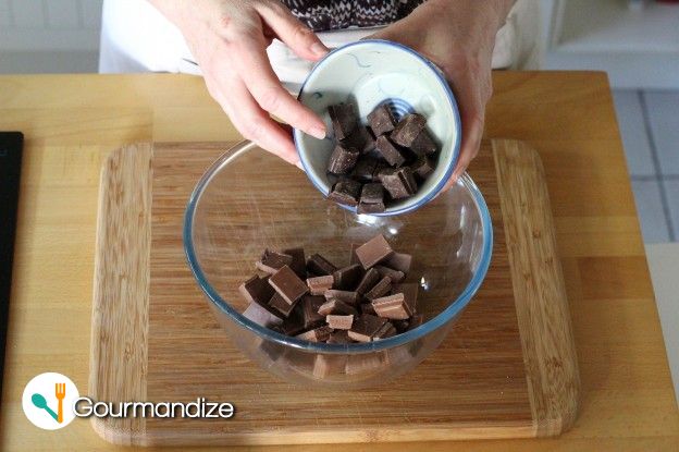 Pour the chocolate squares into a glass bowl and melt in a double boiler