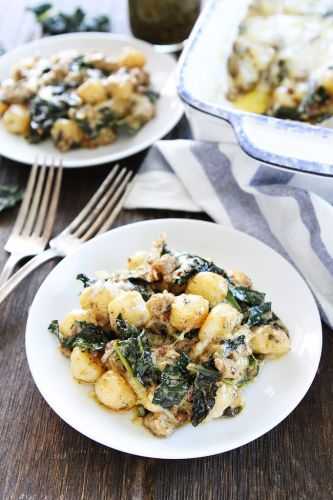 Baked Gnocchi with Sausage Kale and Pesto