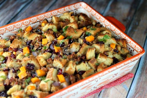 Sausage-herb stuffing with butternut squash and cranberries