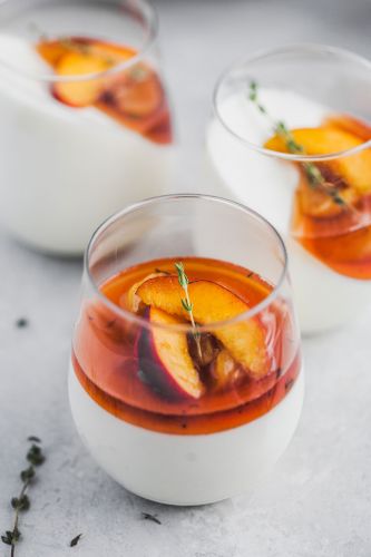 Vanilla Yogurt Panna Cotta with Balsamic Thyme Roasted Peaches and Nectarines