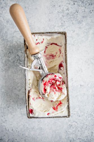 No-Churn Vanilla Frozen Yogurt with Balsamic Roasted Strawberry Rhubarb