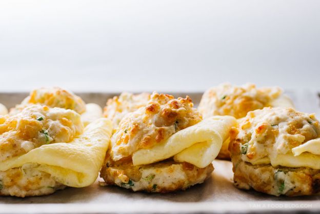 Sour Cream and Cheddar Drop Biscuit Breakfast Sandwiches