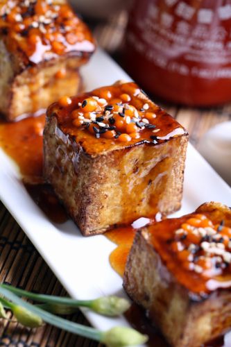 Glazed Tofu with Fiery Sriracha Pearls