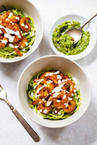 15-Minute Spicy Shrimp With Pesto Noodles
