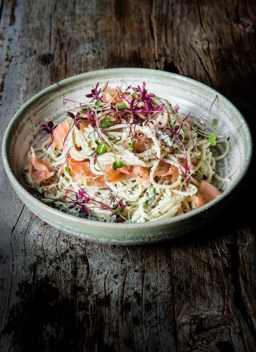 Soft Sheep's Cheese, Smoked Salmon, Baby Pea, And Mint Pasta