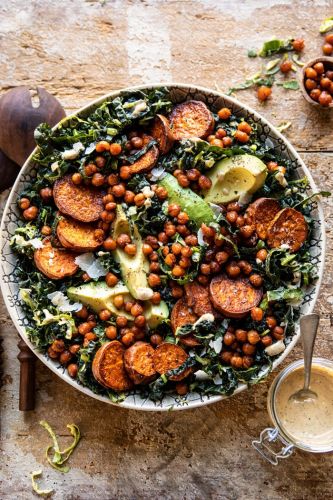 Kale Caesar with Sweet Potatoes and Crispy Chickpeas