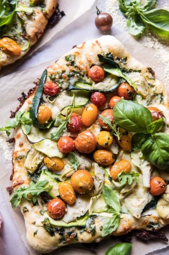 Burst Cherry Tomato, Artichoke, and Zucchini Pesto Pizza