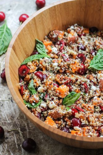 Sweet potato quinoa salad with cherries, goat cheese & candied walnuts