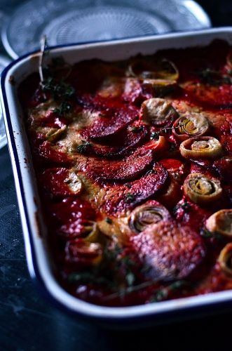 Beetroot and Leek Gratin