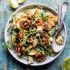Zesty Grilled Shrimp, Bread, and Sweet Peach Salad with Avocado Vinaigrette