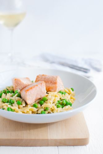 One Pan Parmesan Orzo with Salmon and Peas
