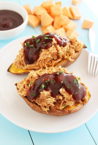 3 ingredient BBQ chicken stuffed sweet potatoes