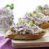 Tuna salad tartines with red onion on toasted whole wheat baguette