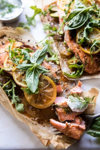 Parchment Baked Lemon Salmon and Potatoes with Dill Yogurt