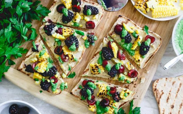 Grilled Corn and Berry Hummus Flatbread