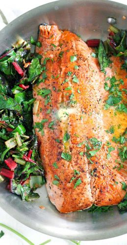 One-Pan Garlic Butter Salmon and Swiss Chard