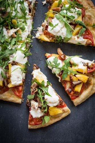 Grilled Pineapple and Pork Belly Pizza with Arugula and Burrata