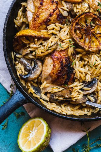 Creamy One-Pan Lemon Garlic Chicken and Orzo Risotto