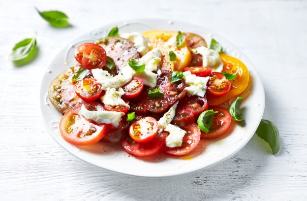 Rainbow heirloom caprese salad