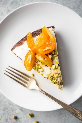 Pistachio Olive Oil Cake with Honeyed Kumquats