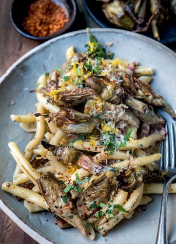 Pasta with Roasted Baby Artichokes, Pancetta and Lemon Zest
