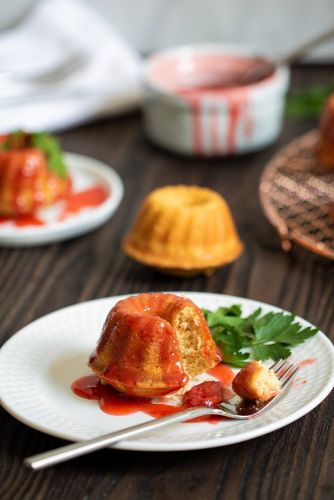 Peach Mini Bundt Cakes with Strawberry Drizzle