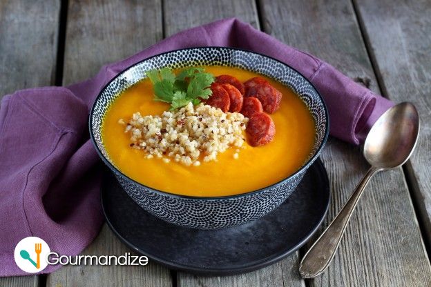 Pumpkin soup with quinoa and chorizo