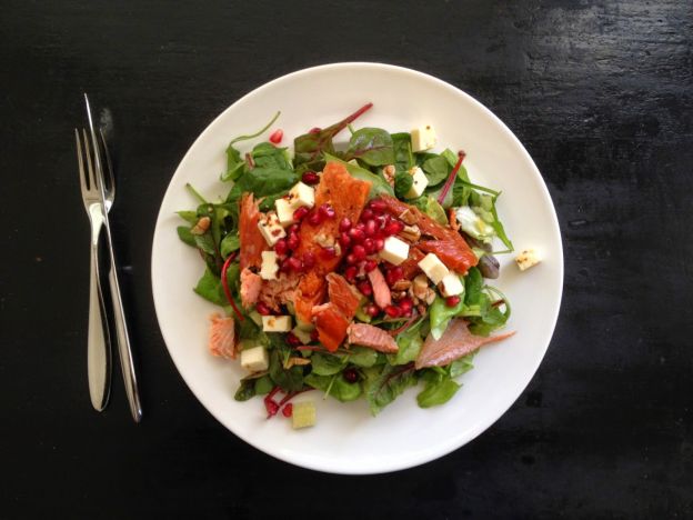 Smoked Salmon, Pomegranate, Pecans and Cheese Salad
