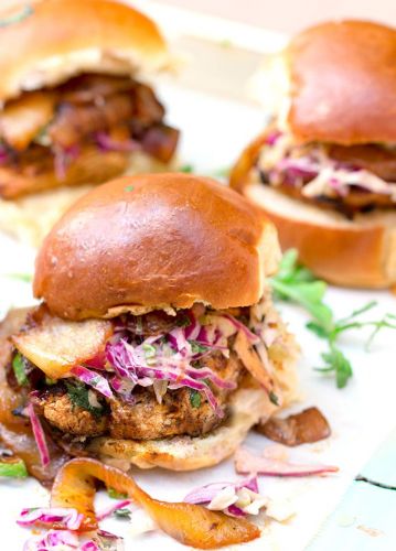 Grilled Chicken Sliders with BBQ-Caramelized Onions and Chipotle Coleslaw