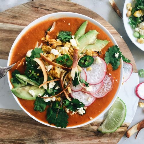 Roasted Tomato And Red Pepper Tortilla Soup With Grilled Sweet Corn And Avocado