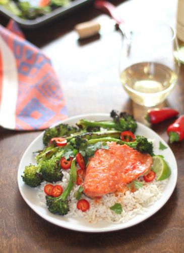 Salmon with Sweet Chili Lime Butter and Roasted Broccoli