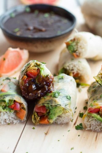 Brussels Sprout & Avocado Winter Rolls with Grapefruit Hoisin Dipping Sauce