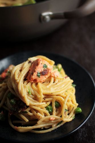 Creamy Salmon Carbonara with Mustard-Bourbon Candied Bacon